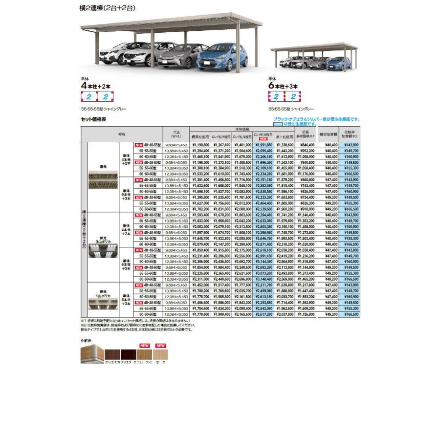 カーポートST 3000タイプ 4台用 縦2連棟（2台＋2台） 60-60・60型 ロング柱25 単体4本柱＋4本 採光３山ポリカタイプ カーポート 4台用 間口6，084mm×奥行12，055_2