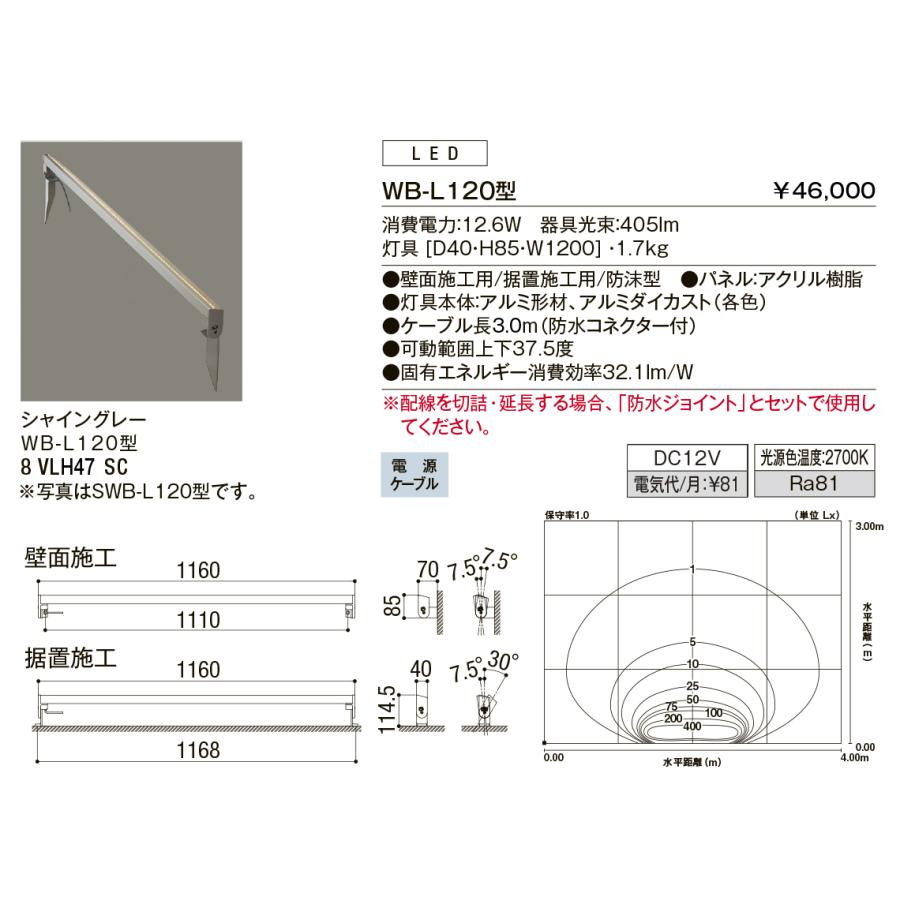 LIXIL　リクシル　12V照明　ウォールバーライト　SWB-L120型(スパイク施工用)・WB-L120型(壁面施工用)　シャイングレー　H200　美彩　8VLH50SC、8VLH47SC　エクステリア