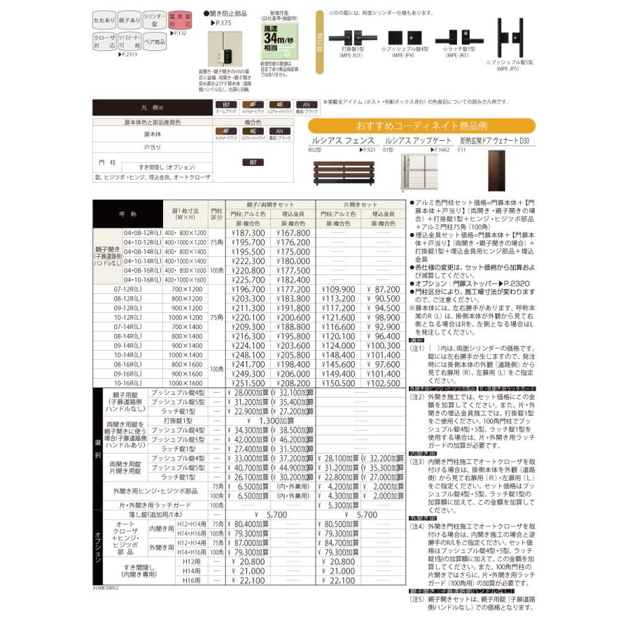 門扉　YKK　YKKap　10-16R　10-16R(L)　両開きセット　外　横板格子　扉：複合色　形材門扉　ルシアス門扉W02型　門柱：アルミ色　10-16L　DIY　UME-W02　ガーデン