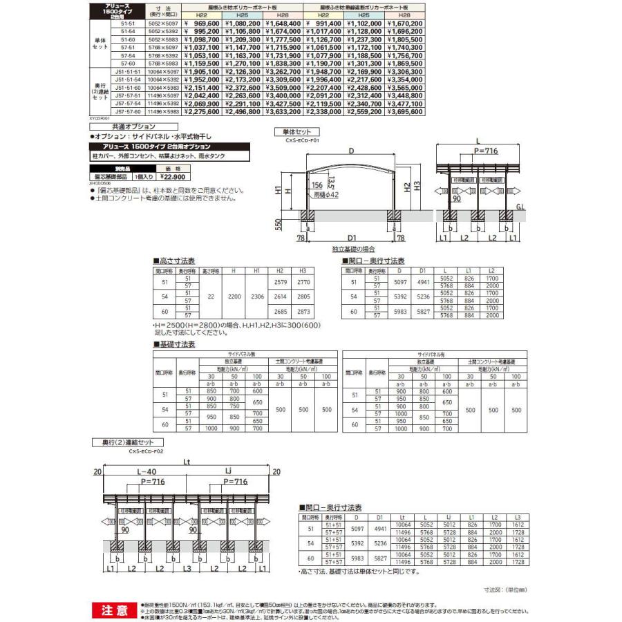 カーポート 2台用 YKK YKKap アリュース 1500タイプ 単体セット 57-60 H22 屋根ふき材：ポリカーボネート板 YCD-F（単体セット） 駐車 車庫 ガレー_2