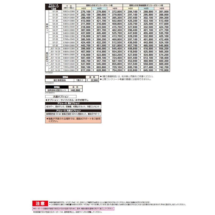 カーポート 1台用 YKK YKKap アリュース 600タイプ 単体セット 54-25 H28 屋根ふき材：ポリカーボネート板 YCS-A（単体セット） 駐車 車庫 ガレージ_2