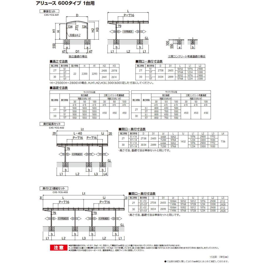 カーポート 1台用 YKK YKKap アリュース 600タイプ(4本柱) 奥行（2）連結セット J51・51-30 H25 屋根ふき材：熱線遮断ポリカーボネート板 YCG-A（奥_2