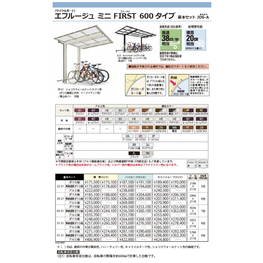関東・東海エリア限定配達 サイクルポート YKK YKKap エフルージュ ミニ FIRST 600タイプ 基本セット 57-21 セミハイルーフ(H25) アルミ色 9台用_1