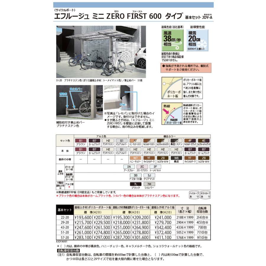 【無料★特典対象】 サイクルポート YKK YKKap エフルージュ ミニZERO FIRST 600タイプ 基本セット 22-20 標準高(H20) アルミ色 2(4)台用 アルミ板_1