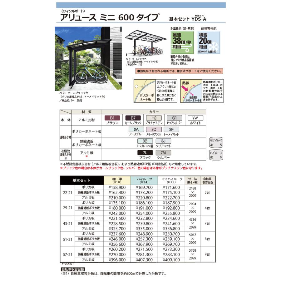 サイクルポート   YKK YKKap  アリュース ミニ 600タイプ   基本セット 22-21 標準高(H18)   アルミ色 3台用   ポリカーボネート   2188mm×2099mm   自転車 屋｜ex-gstyle｜02