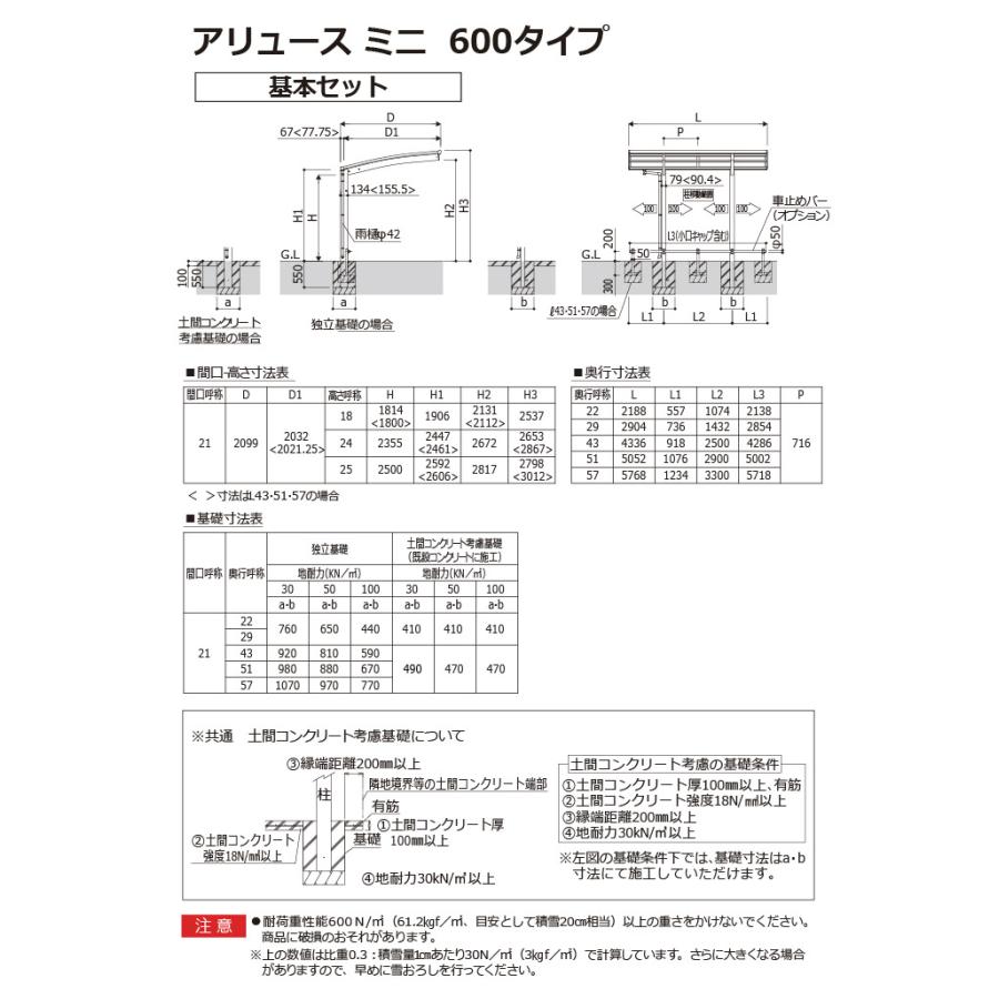 サイクルポート YKK YKKap アリュース ミニ 600タイプ 基本セット 22-21 標準高(H18) アルミ色 3台用  熱線遮断ポリカーボネート 2188mm×2099mm 自