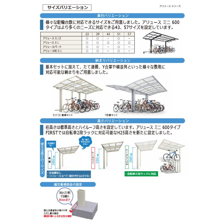 関東・東海エリア限定配達 サイクルポート YKK YKKap アリュースRE ミニ 600タイプ たて2連棟セット J51・29-21 ハイルーフ(H24) アルミ色 13台用_7