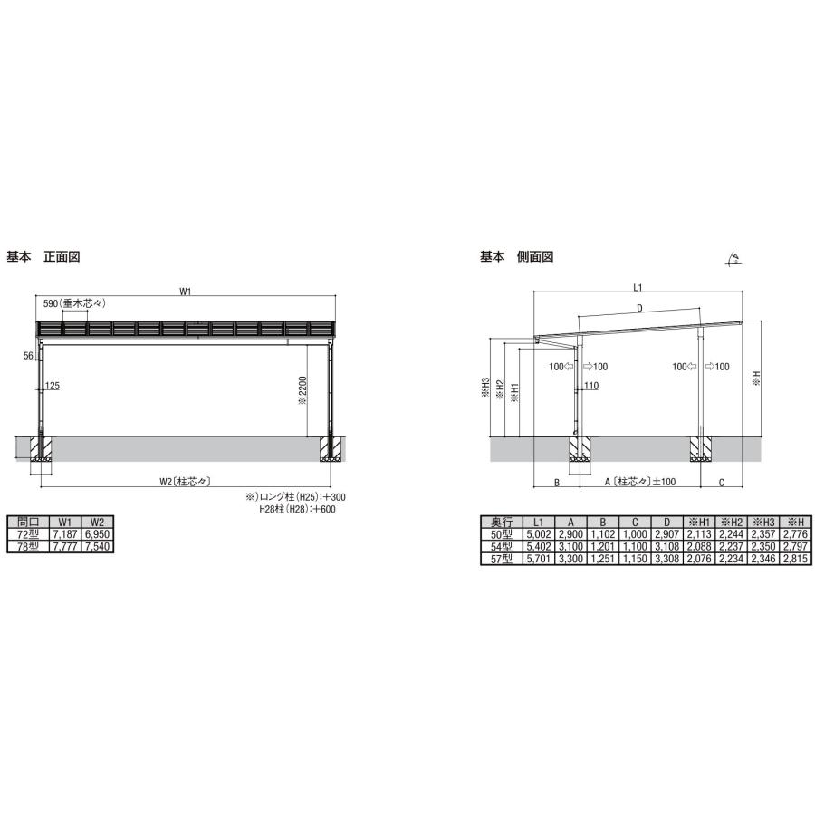 フーゴ カーポート 工事付 フーゴF 3台用 78-54型 ロング柱H25 ポリカ