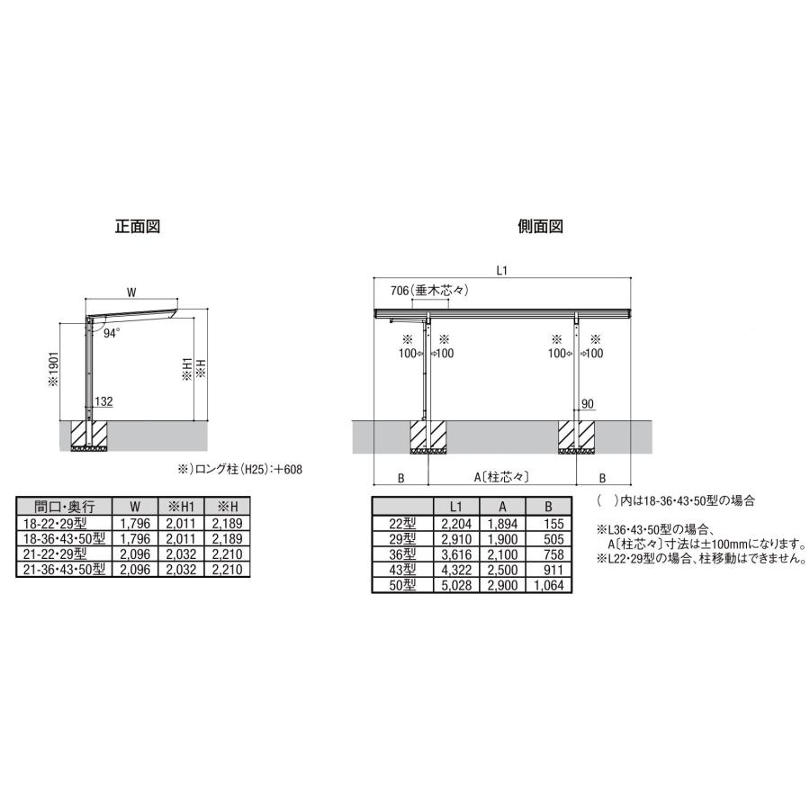 サイクルポート 工事付 フーゴFミニ 18-36型 ロング柱H25 ポリカ屋根材 基本工事費込み LIXIL リクシル 駐輪場屋根 自転車置き場屋根 バイク 後付け おしゃれ_9