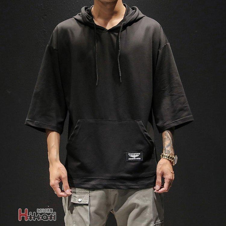 パーカー メンズ 7分袖 夏パーカー おしゃれ スポーツ カジュアル フード付き 肩落ち 夏用 薄手 大きいサイズ 黒 白 17最新のスタイル