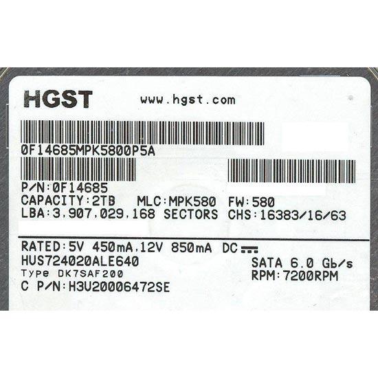 HGST製HDD HUS724020ALE640 2TB SATA600 7200