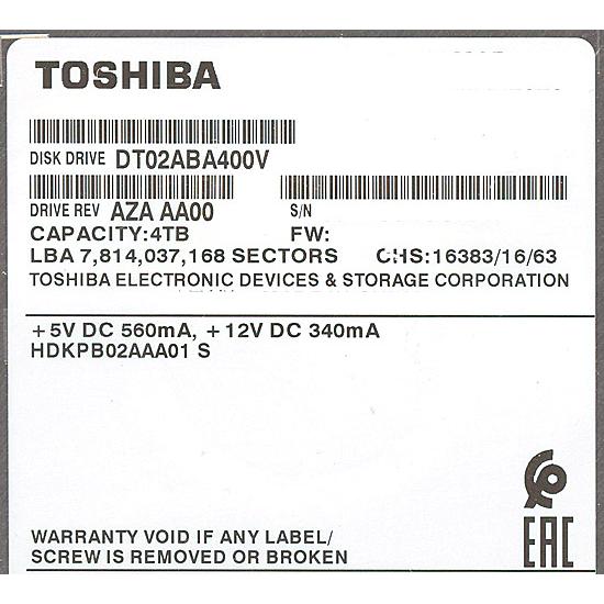 東芝 - TOSHIBA製HDD　DT02ABA400V　4TB SATA600 5400　4000～5000時間以内 TOSHIBA 【中古】TOSHIBA製HDD DT02ABA400V 4TB SATA600 5400