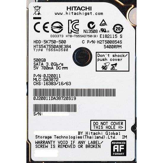 【中古】「非常に良い」hcc545050?a7e380、PN 0j23375、MLC da5280、Hitachi 500?GB SATA 2.5ハードドライブ HGST HITACHI ノート用HDD 2.5inch HTS547550A9E384 500GB
