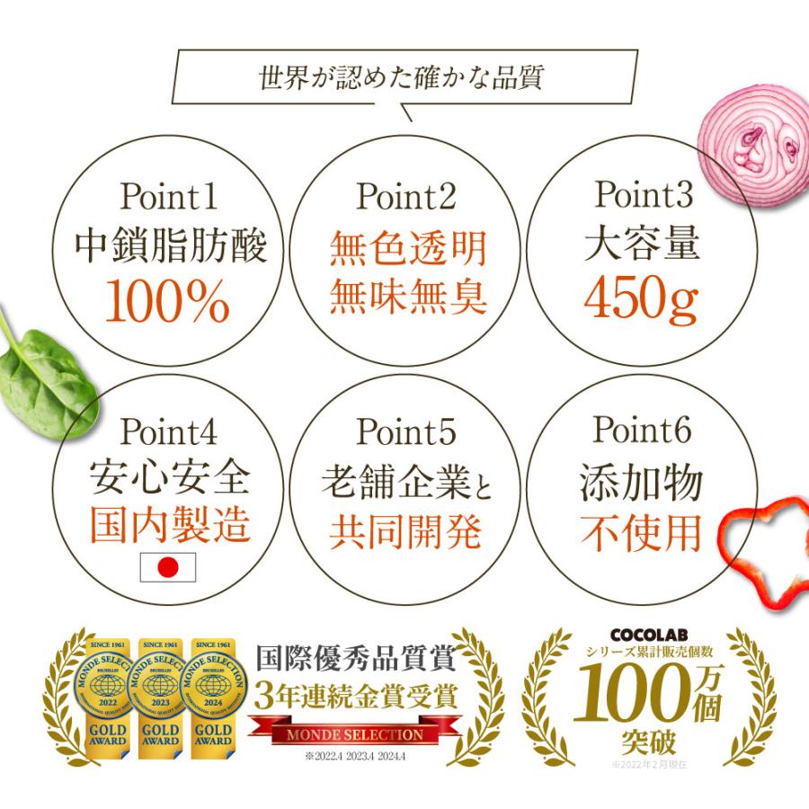 (医師監修) MCTオイル 3本セット (モンドセレクション金賞受賞) ダイエット 油 健康 中鎖脂肪酸油 バターコーヒー 糖質ゼロ 糖質制限ダイエット 送料無料 450g | COCOLAB | 04