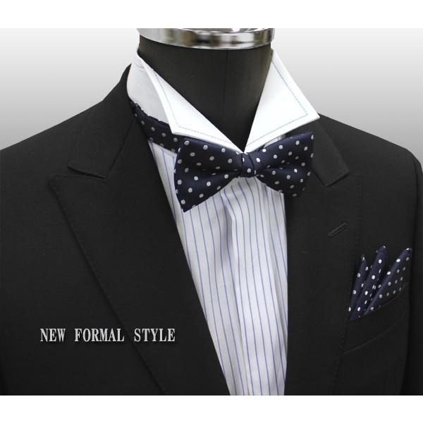 ベスト EXCY FORMAL メンズ ストライプウイングカラーシャツ、蝶ネクタイ、チーフ3点セット 日本製