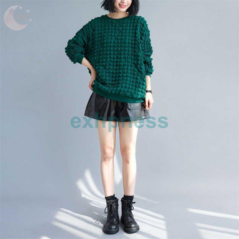 パーカー レディース トップス プルオーバー ブラウス 長袖 ゆったり 体型カバー クルーネック おしゃれ 袖口ゴム カジュアル風 無地 春秋 コーデ グリーン ギフ 包装