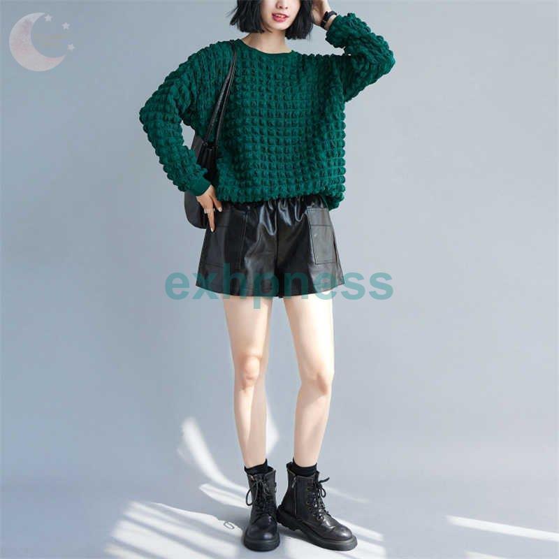 パーカー レディース トップス プルオーバー ブラウス 長袖 ゆったり 体型カバー クルーネック おしゃれ 袖口ゴム カジュアル風 無地 春秋 コーデ グリーン ギフ 包装