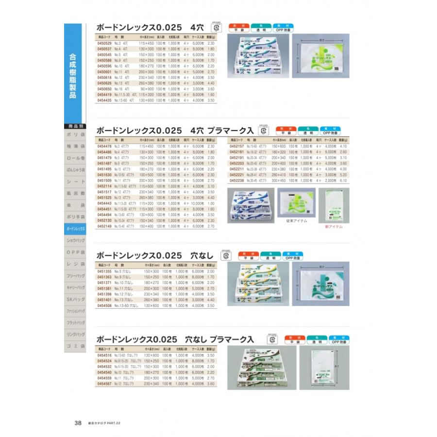 ボードンレックス 0.025mm No.20-40 4穴 プラマーク入 4000枚 透明 OPP
