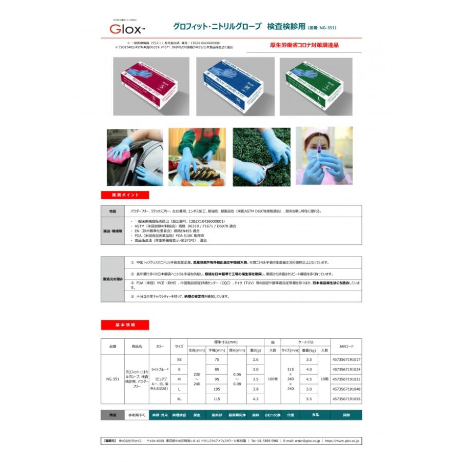 glox GloFit ニトリル手袋 Sサイズ 10箱入 ニトリルグローブ NG-351 Sサイズ 1000枚(100枚×10箱) ブルー 使い捨て