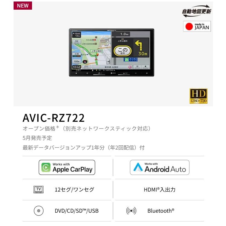 楽ナビ AVIC-RZ722 7V型HD/TV/DVD/CD/Bluetooth/SD/チューナー・AV一