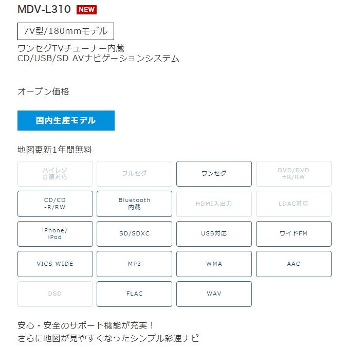 彩速ナビ MDV-L310 7V型 ワンセグTVチューナー内蔵 CD/USB/SD AV