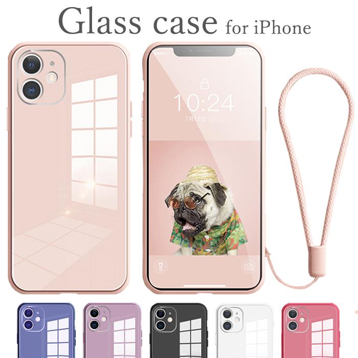 iPhoneSE3 iPhone13 iPhoneケース 背面ガラス くすみカラー ストラップ 