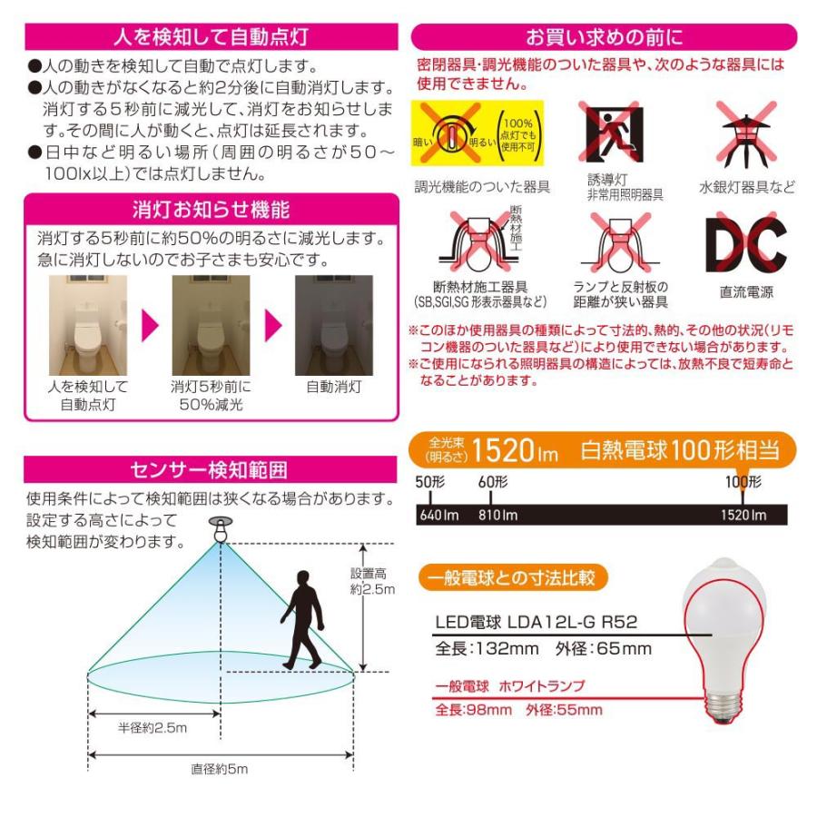 LED電球 E26 100形相当 人感明暗センサー付き 電球色｜LDA12L-G R52 06-4789 オーム電機 OHM | OHM | 03
