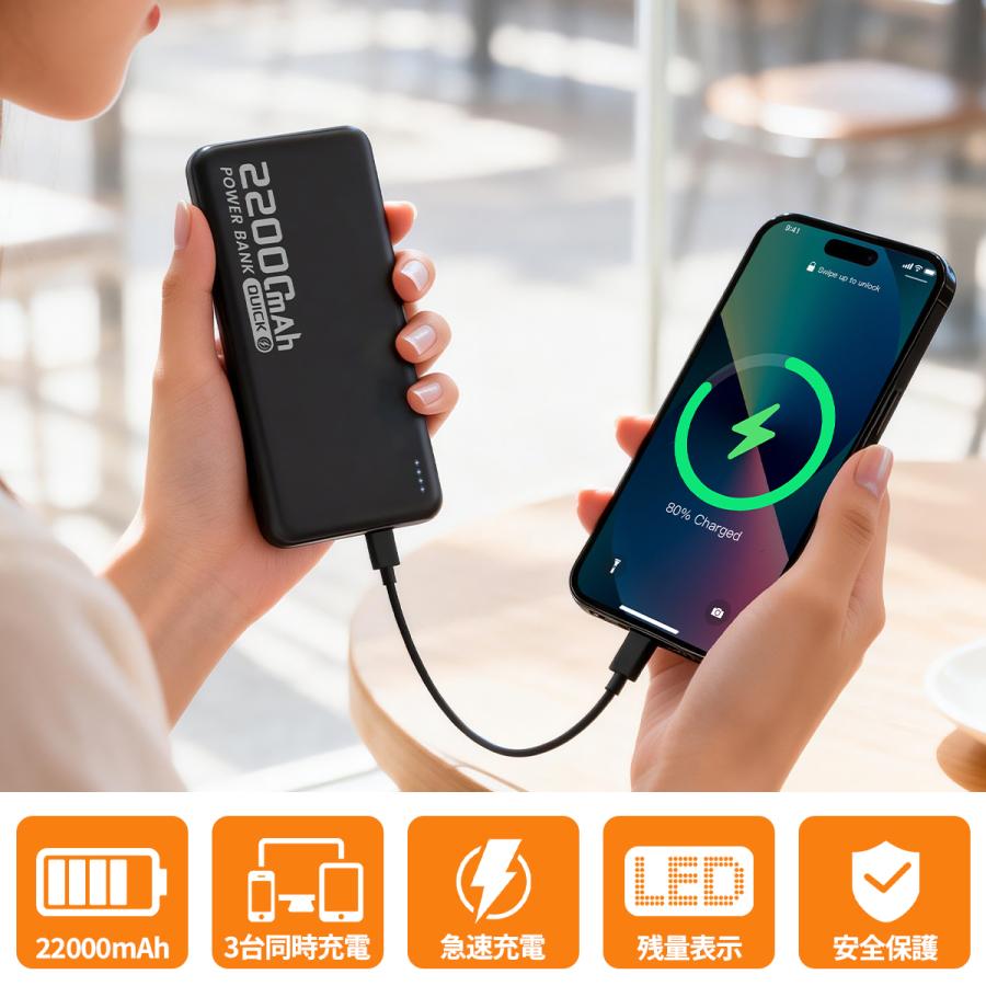 モバイルバッテリー 22000mAh 大容量 小型 軽量 2.4A急速充電 3台同時充電 携帯充電器 LED残量表示 携帯バッテリー PSE認証 SHRATCH 災害 停電対策 |  | 02