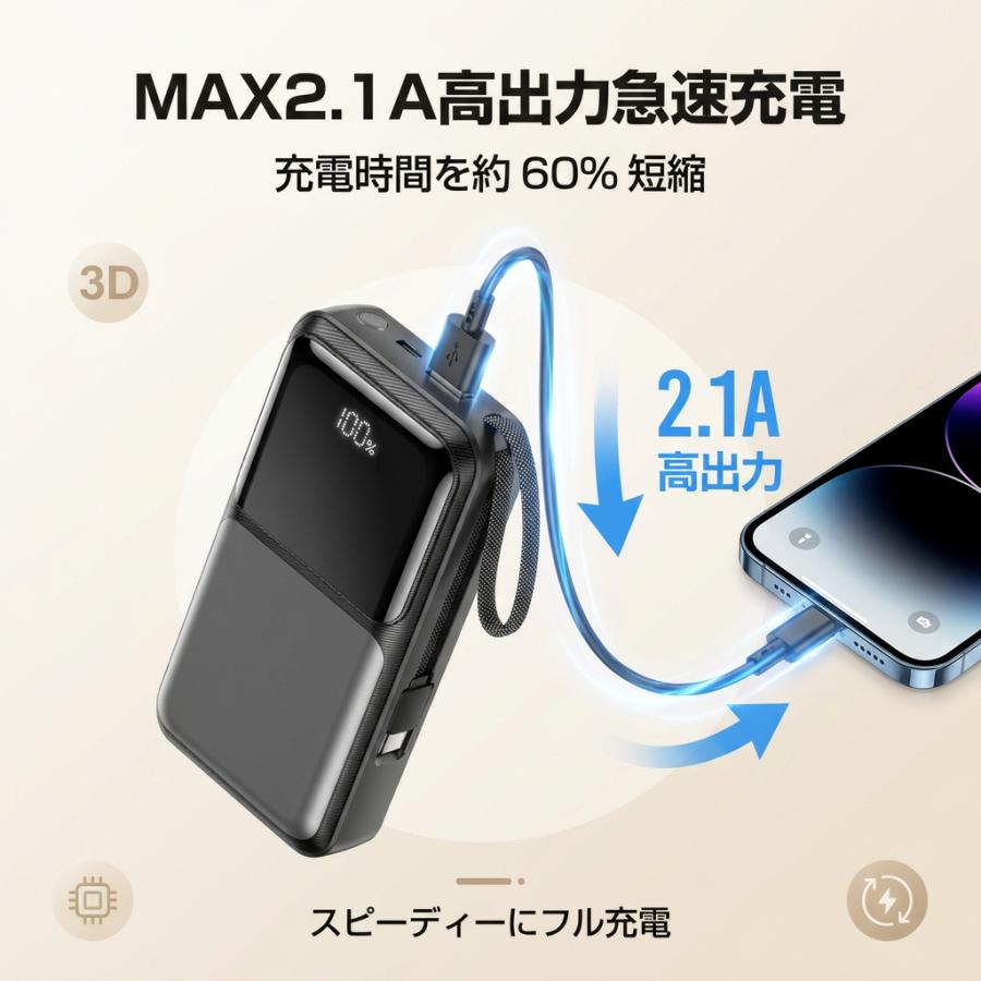 モバイルバッテリー 大容量 40000mAh 2.1A急速充電 軽量 小型 ケーブル内蔵 4台同時充電 携帯バッテリー LED残量表示 携帯充電器 持ち運び便利 PSE認証 | SHRATCH | 07