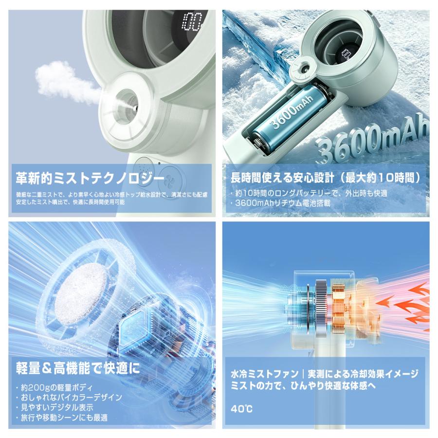 ハンディファン ミスト機能 氷感 携帯扇風機 5段階風量調整 3600mAh クーラー 強風 保湿 扇風機 SHRATCH 卓上 ストラップ 手持ち扇風機 usb充電式 2026 通勤 | SHRATCH | 12