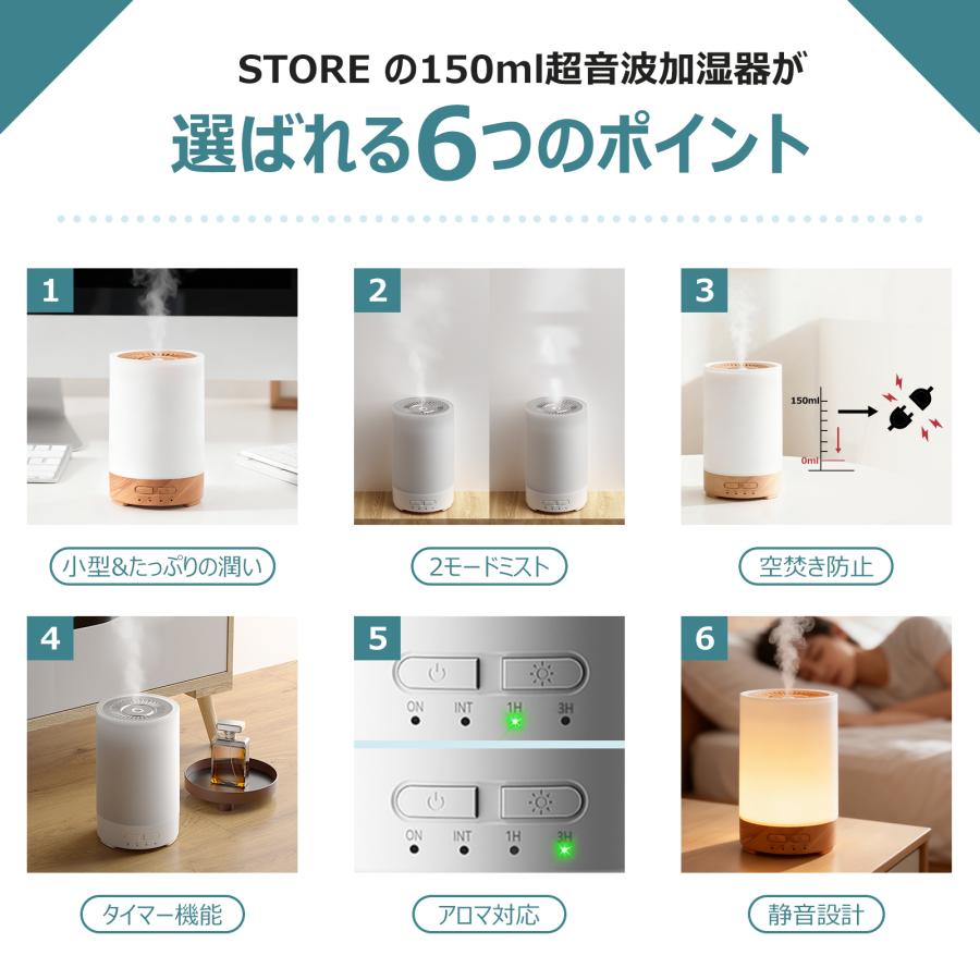 加湿器 超音波式 小型 噴霧式 アロマ加湿器 寝室 車用 卓上 除菌 タイマー 空気清浄機 超静音 150ml  持ち運び便利 コンパクト  おしゃれ 花粉対策 乾燥対策 冬 |  | 02