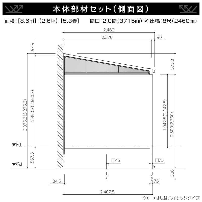 テラス囲い マルチ＠ルーム 間口2.0間×出幅8尺 基本パターンセット