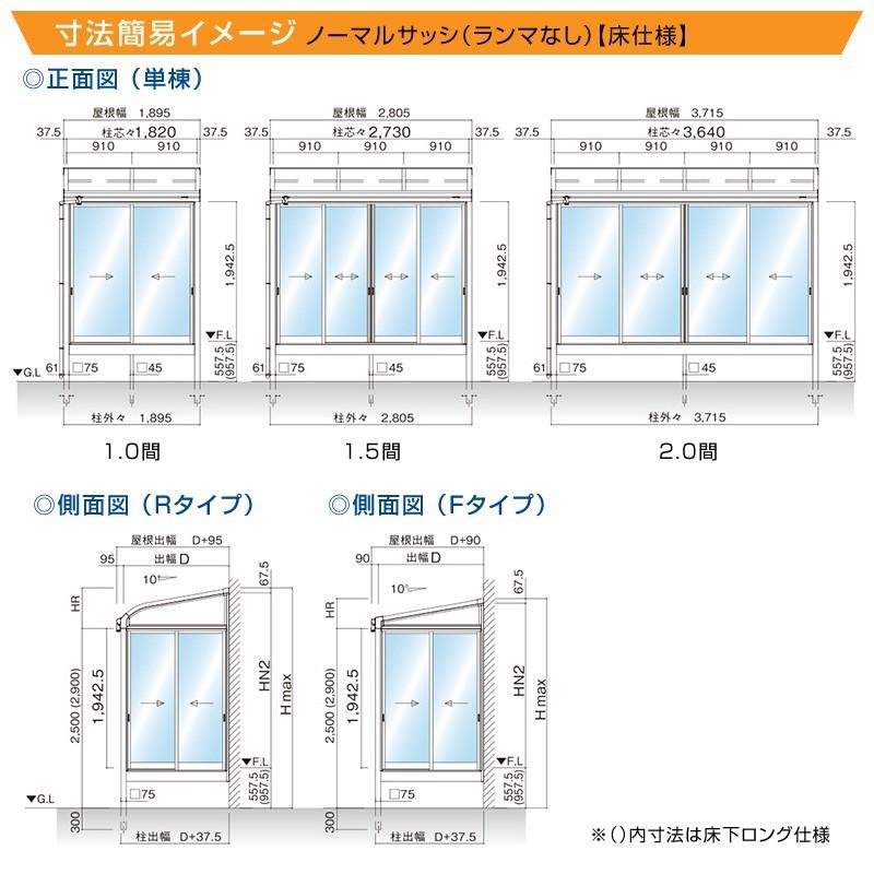 テラス囲いR屋根タイプ 間口4.0間7280mm×出幅4尺1170mm 正面側面 