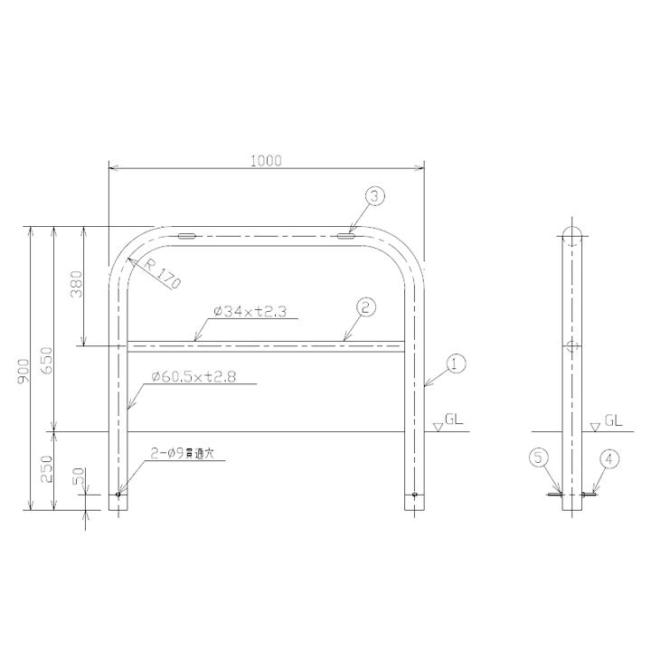 鉄製車止め ゲートタイプ横桟付き 直径60.5mm×厚2.8mm×幅1000mm 鉄製車止め ゲートタイプ横桟付き 直径60.5mm×厚2.8mm×幅1000mm