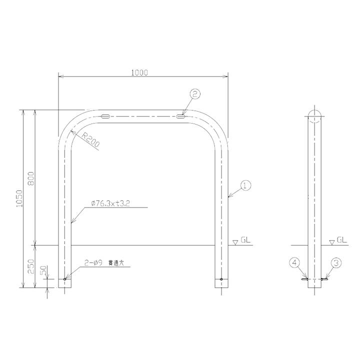 鉄製車止め ゲートタイプ 直径76.3mm×厚3.2mm×幅1000mm×高さ 鉄製車止め ゲートタイプ 直径76.3mm×厚3.2mm×幅1000mm×高さ