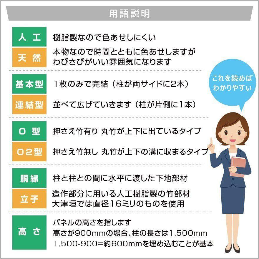 人工竹垣組立セット 大津垣O型 本体すす竹 ヤクスギ丸柱 H900mm 両面 柱見せタイプ 防犯 竹垣パネル フェンス 送料無料｜exterior-stok｜09