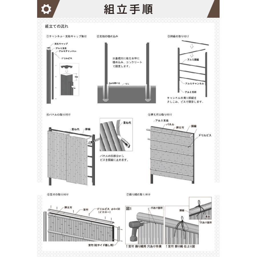人工竹垣組立セット 建仁寺垣B型 本体イエロー色 ブロンズ色角柱 人工竹垣組立セット 建仁寺垣B型 本体イエロー色 ブロンズ色角柱