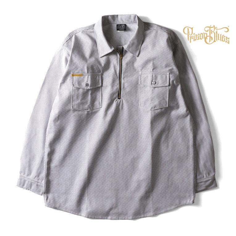 【並行輸入品】PRISON BLUES / プリズンブルース PRBS402 LONG SLEEVE HICKORY SHIRTS HALF ZIPPER FRONT / ヒッコリーストライプハーフジップ長袖シャツ | 