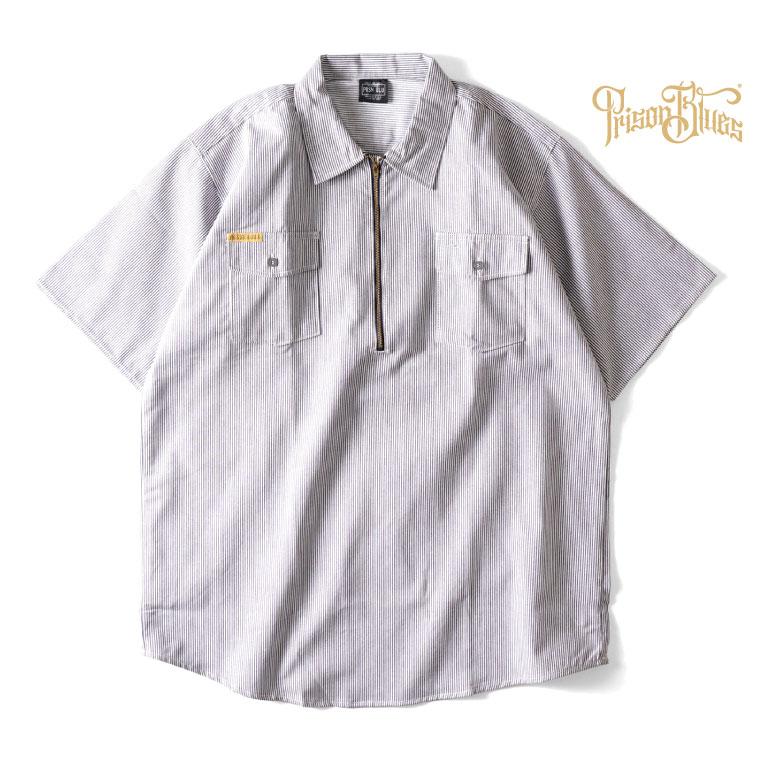 【並行輸入品】PRISON BLUES / プリズンブルース PRBS406 SHORT SLEEVE HICKORY SHIRTS HALF ZIPPER FRONT / ヒッコリーストライプハーフジップ半袖シャツ | 