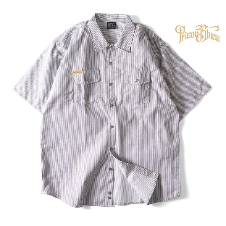 【並行輸入品】PRISON BLUES / プリズンブルース PRBS407 SHORT SLEEVE HICKORY SHIRTS BUTTON FRONT / ヒッコリーストライプボタン半袖シャツ -全1色- | 