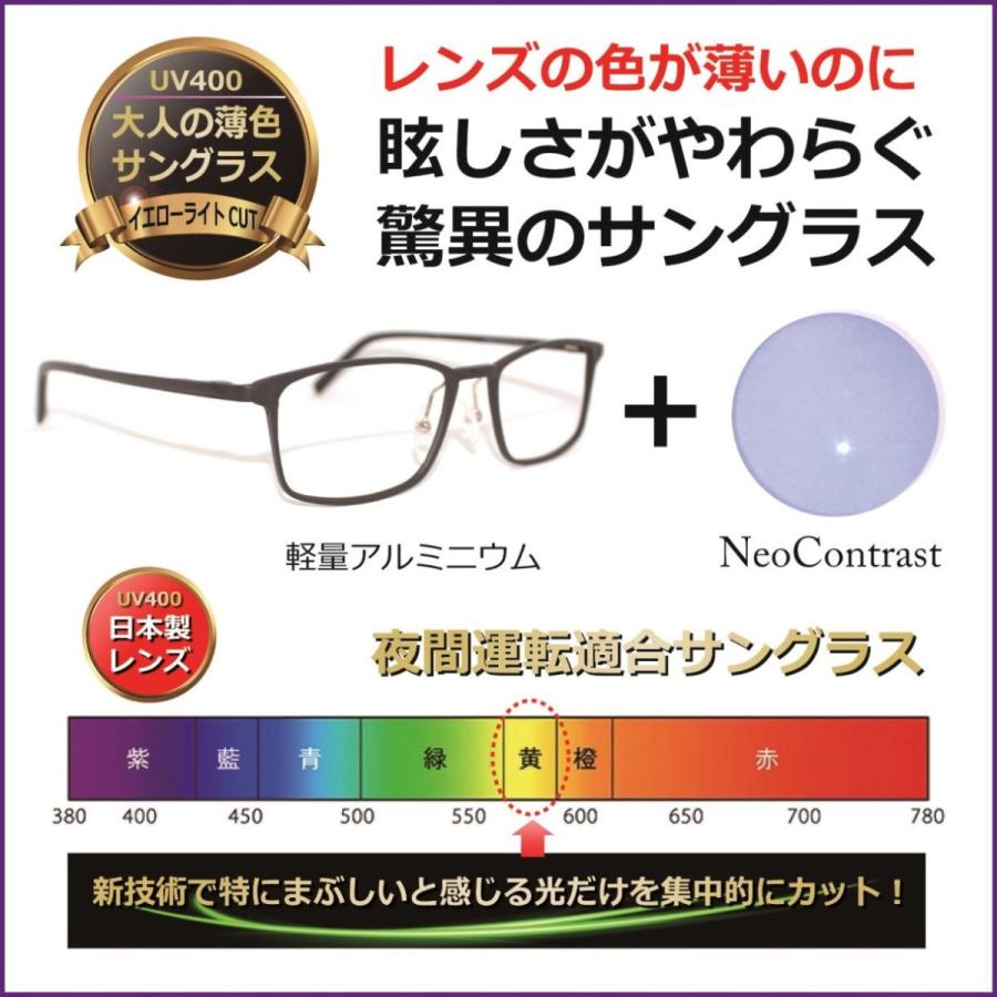 大人の 薄色 サングラス 薄い色 人気 ネオコントラスト／ メンズ 透明 UVカット 夜間運転適合 ナイト グラス アルミ 軽量／度無し〔 neocon-6298-1BK〕