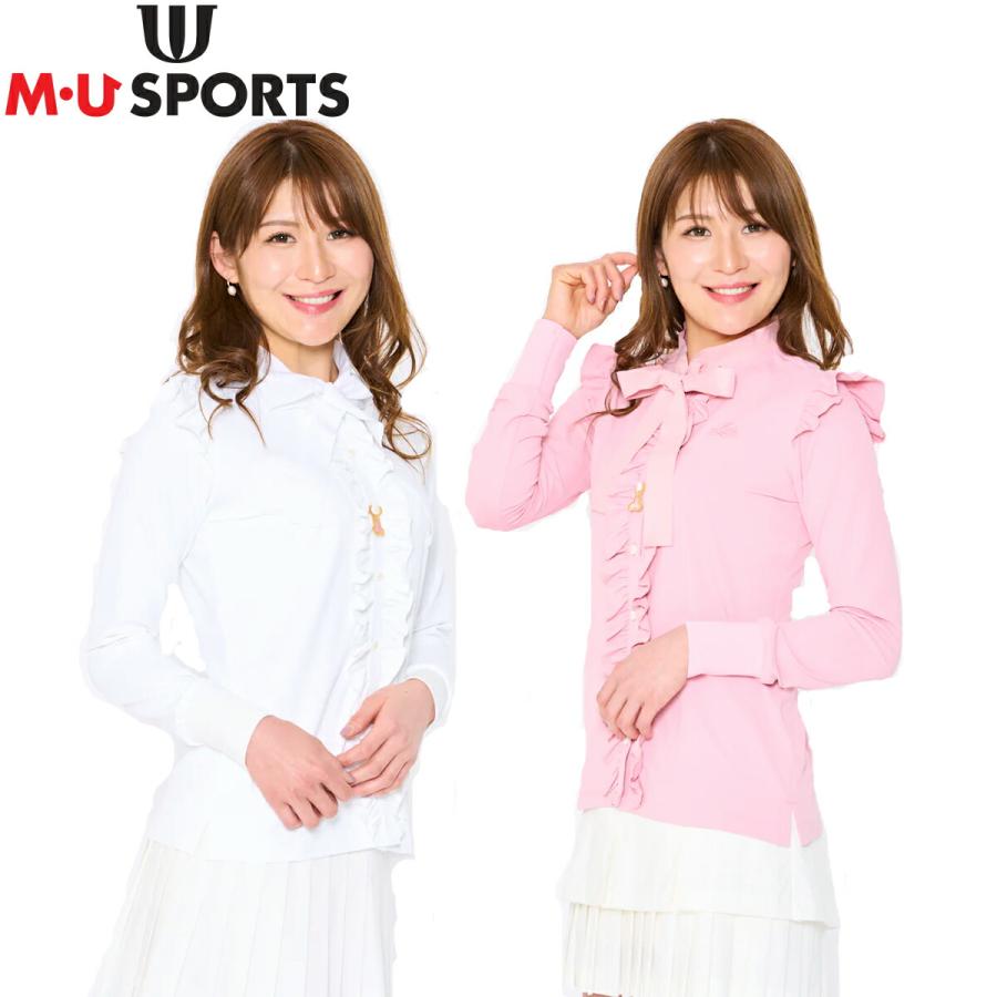 ウエサコミエコ★ピンク★長袖★トップス MUスポーツ ミエコ ウエサコ リボンカラーフリル長袖シャツ 吸水速乾