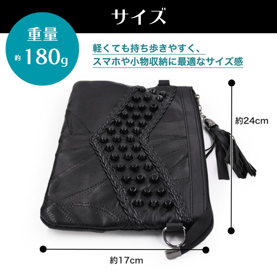 タッセル付き ブラックレザー コンパクトバッグ スタッズ ストラップ 