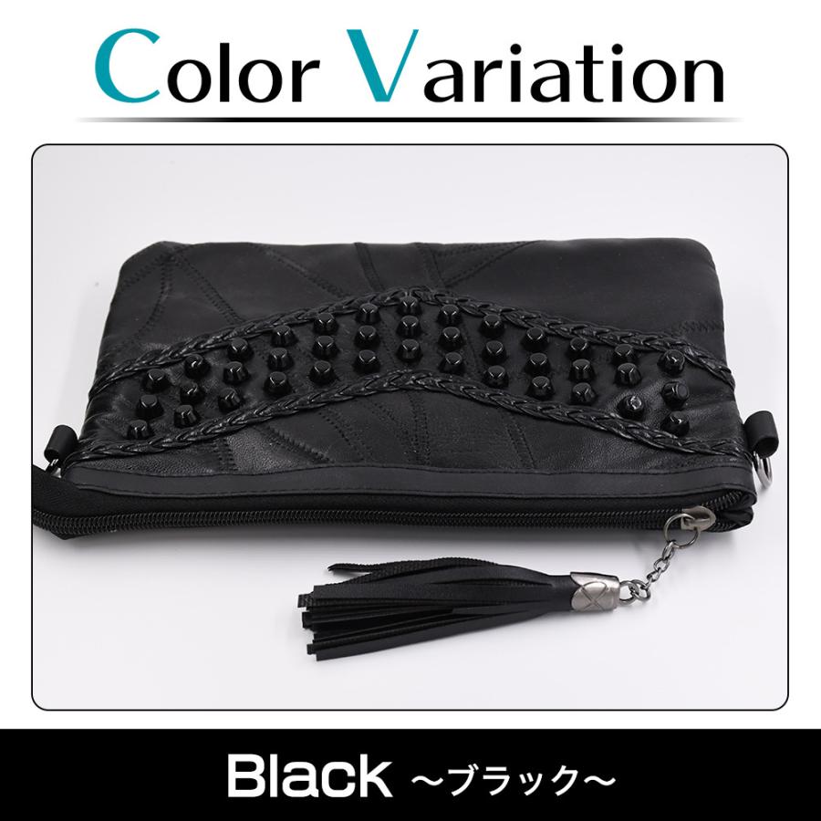 タッセル付き ブラックレザー コンパクトバッグ スタッズ ストラップ 
