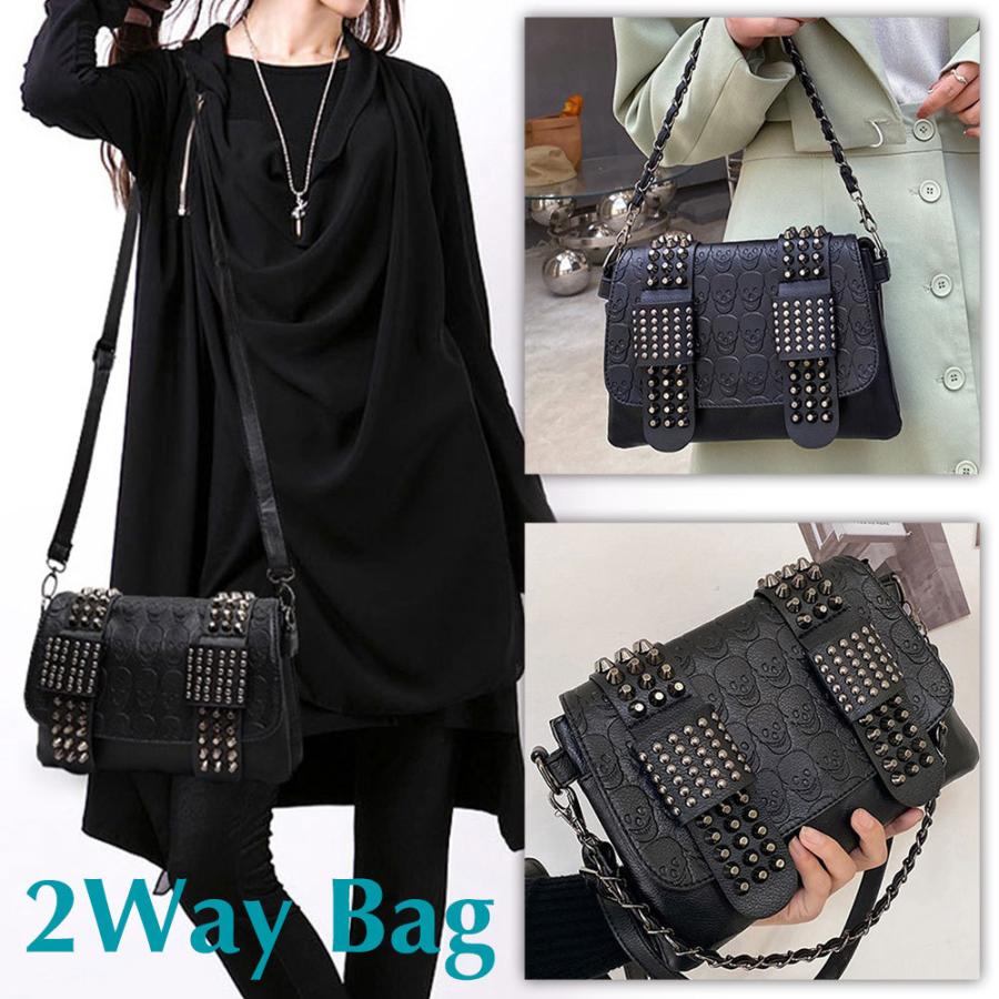 2Way スタッズ バッグ スカルデザイン ブラック ロック系 レザー 2Way スタッズ バッグ スカルデザイン ブラック ロック系 レザー