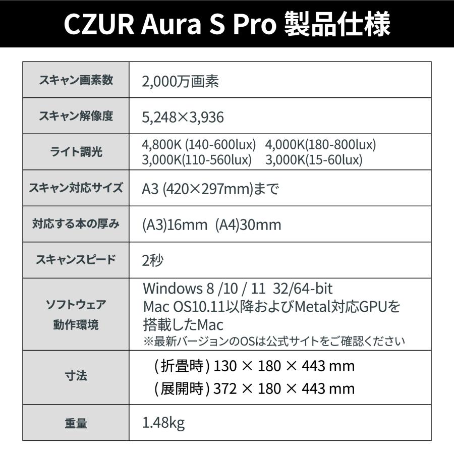 【正規販売店】CZUR Aura S Pro ドキュメントスキャナー 非破壊 非裁断 ブックスキャナ オーバーヘッド 高解像度 データ化 書籍 OCR機能 LED 折りたたみ 爆買の画像