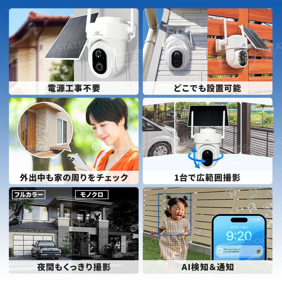 みっちゃん★屋内・屋外対応　GoogleNestCam防犯カメラ　2台 SecuSTATION 防犯カメラ 屋外 家庭用 ソーラー 防犯灯 パンチルト