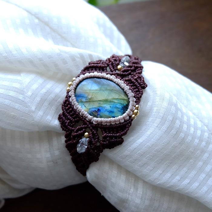 大きめラブラドライト（マダガスカル産）・カット水晶マクラメ編みバングル風ブレスレット（男女兼用可天然アクセサリー）プレゼントギフト　3547 |  | 07