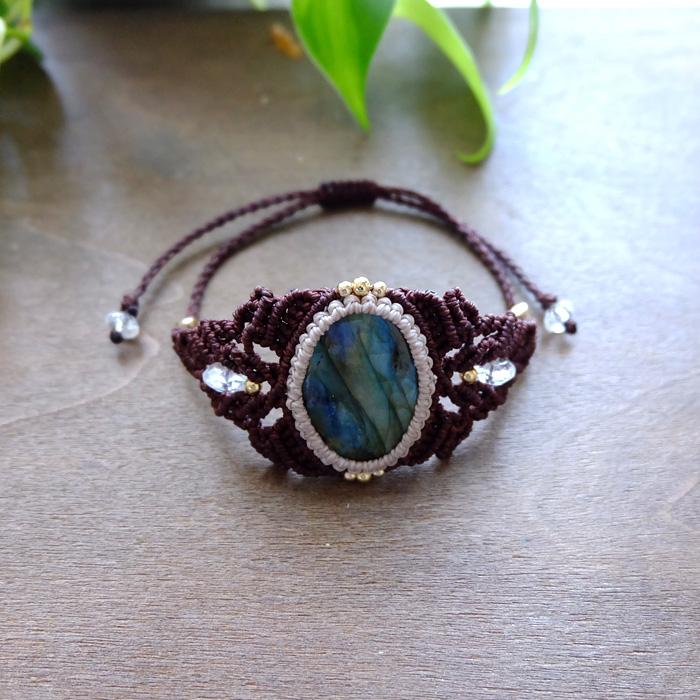 大きめラブラドライト（マダガスカル産）・カット水晶マクラメ編みバングル風ブレスレット（男女兼用可天然アクセサリー）プレゼントギフト　3547 |  | 04