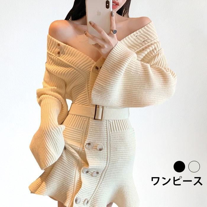オフショルダー レディース ニットワンピース ワンピース ショートワンピース Vネック リブニット ダブルボタン 長袖 ストレッチ 伸縮性 冬新作 Llyw52 Ffs 通販 Yahoo ショッピング